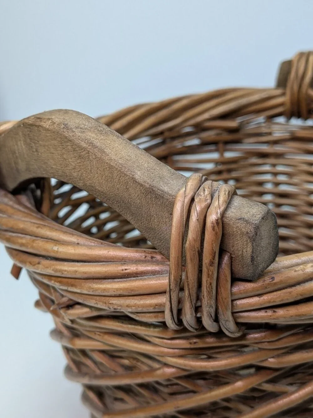 Vintage Small Woven Wicker Basket Wooden Handles Oval Gathering Harvest Storage